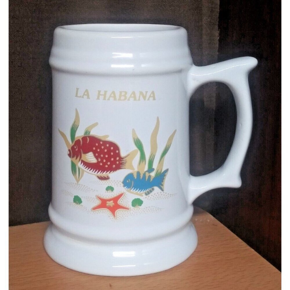 Vintage Stein Mug Caracol LARGE La Habana FISH SEA LIFE pattern ceramic white